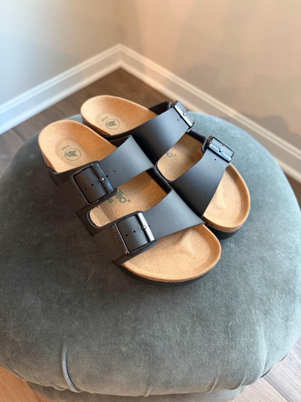 Birkenstock Two-Strap Black Sandals with Tan Footbed
